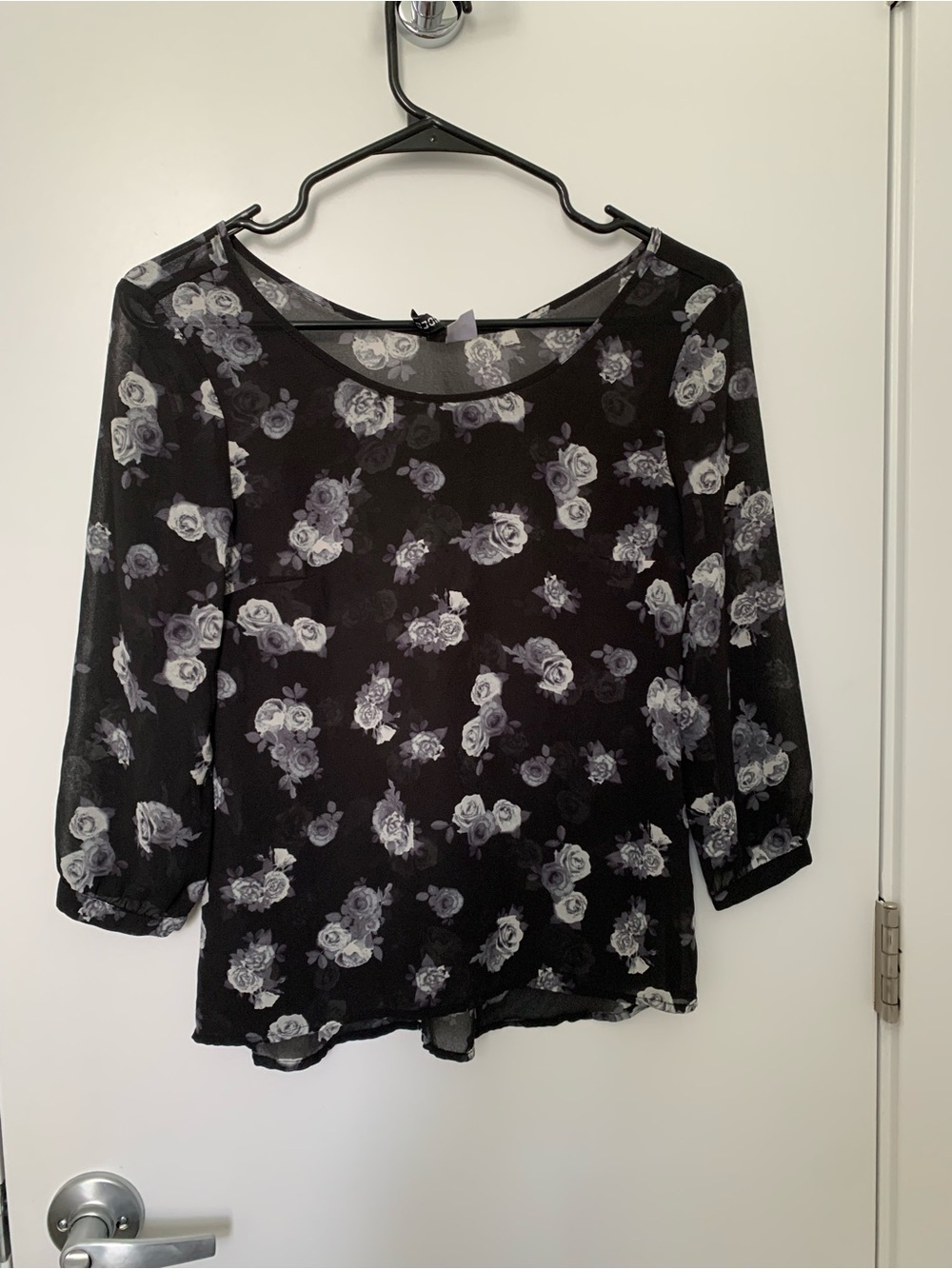 Black Floral Sheer Scoop Neck Women's Top